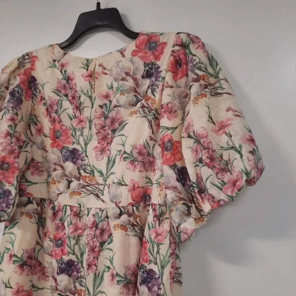 Polagram Cream Floral Puff Sleeve Tiered Mini XL Sonia Dress Side Pockets NWT - Picture 13 of 16